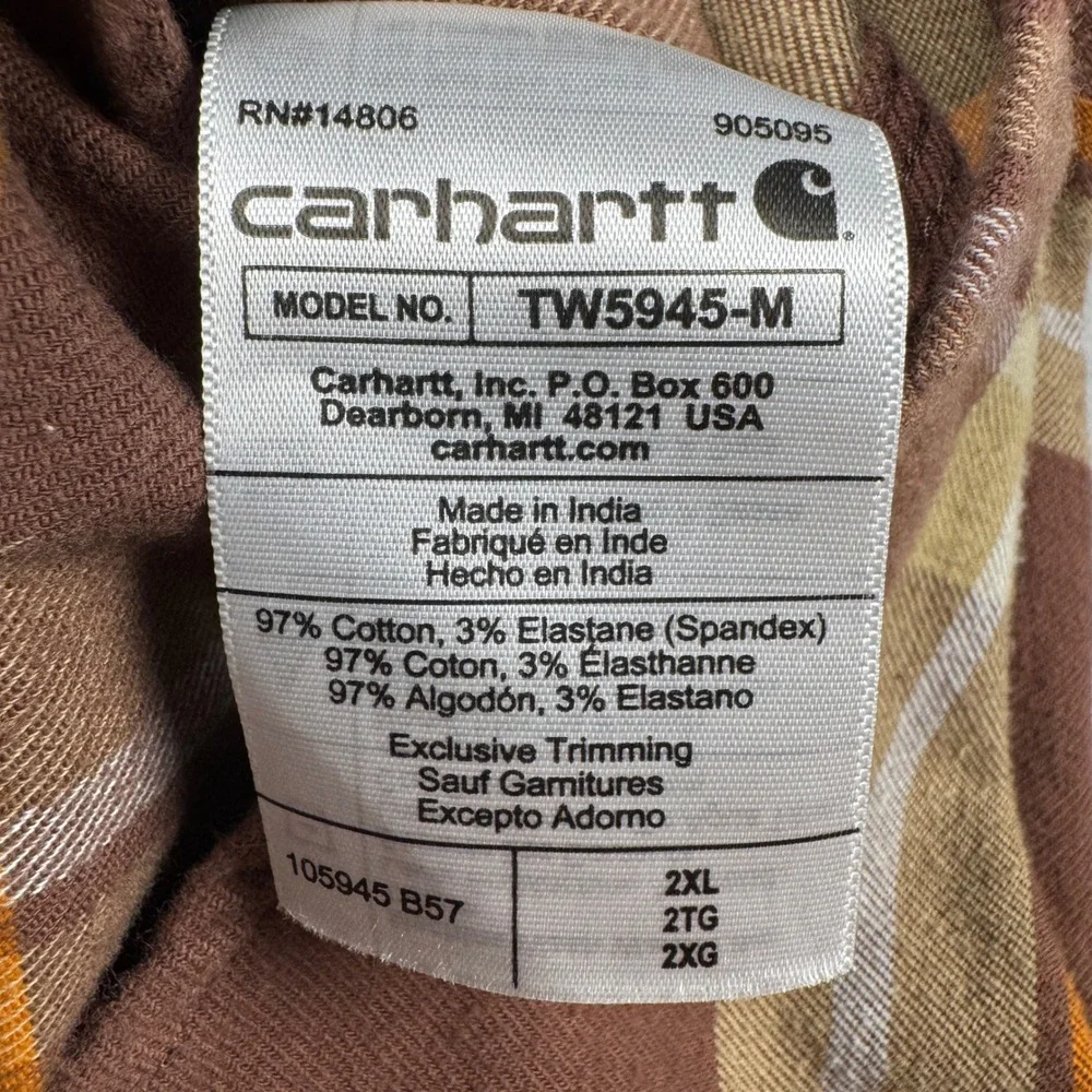 Carhartt Rugged Flex Plaid Flannel Shirt Mens 2XL Brown Orange TW5945-M Relaxed - Picture 4 of 9
